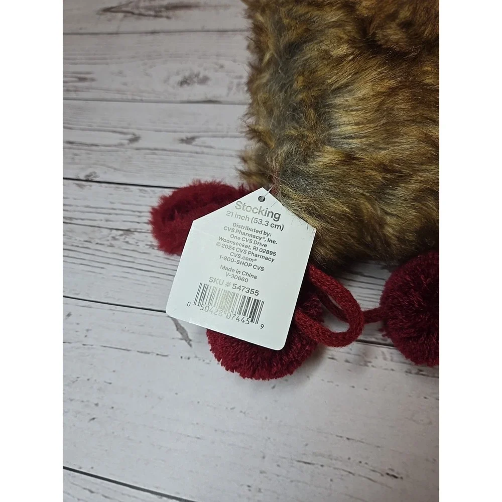 Merry Bright Faux Fur Burgundy Christmas Stocking With Pom-Pom Accent 21